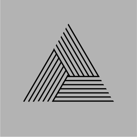 Black abstract triangular shape made of three smaller striped triangles on a gray background.