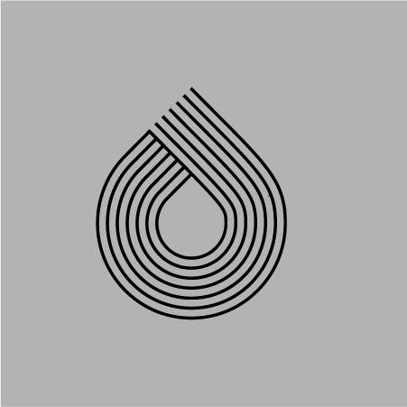 Abstract black line design forming a stylized drop shape on a grey background.