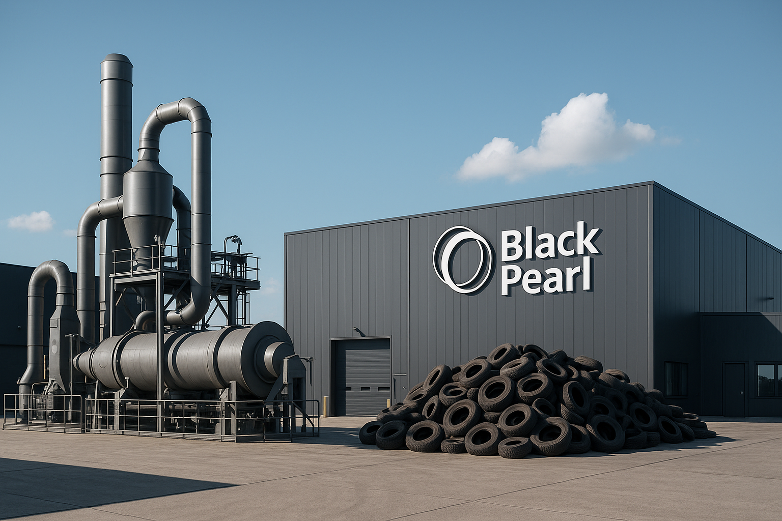 Industrial building with Black Pearl logo next to a large pile of tires and metal processing equipment under a clear sky.