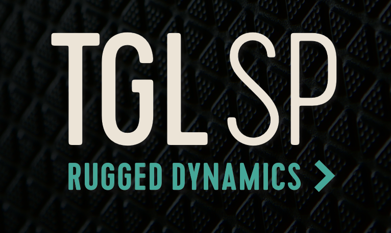 Logo with large letters TGL SP above the phrase RUGGED DYNAMICS and a right arrow on a textured dark background.