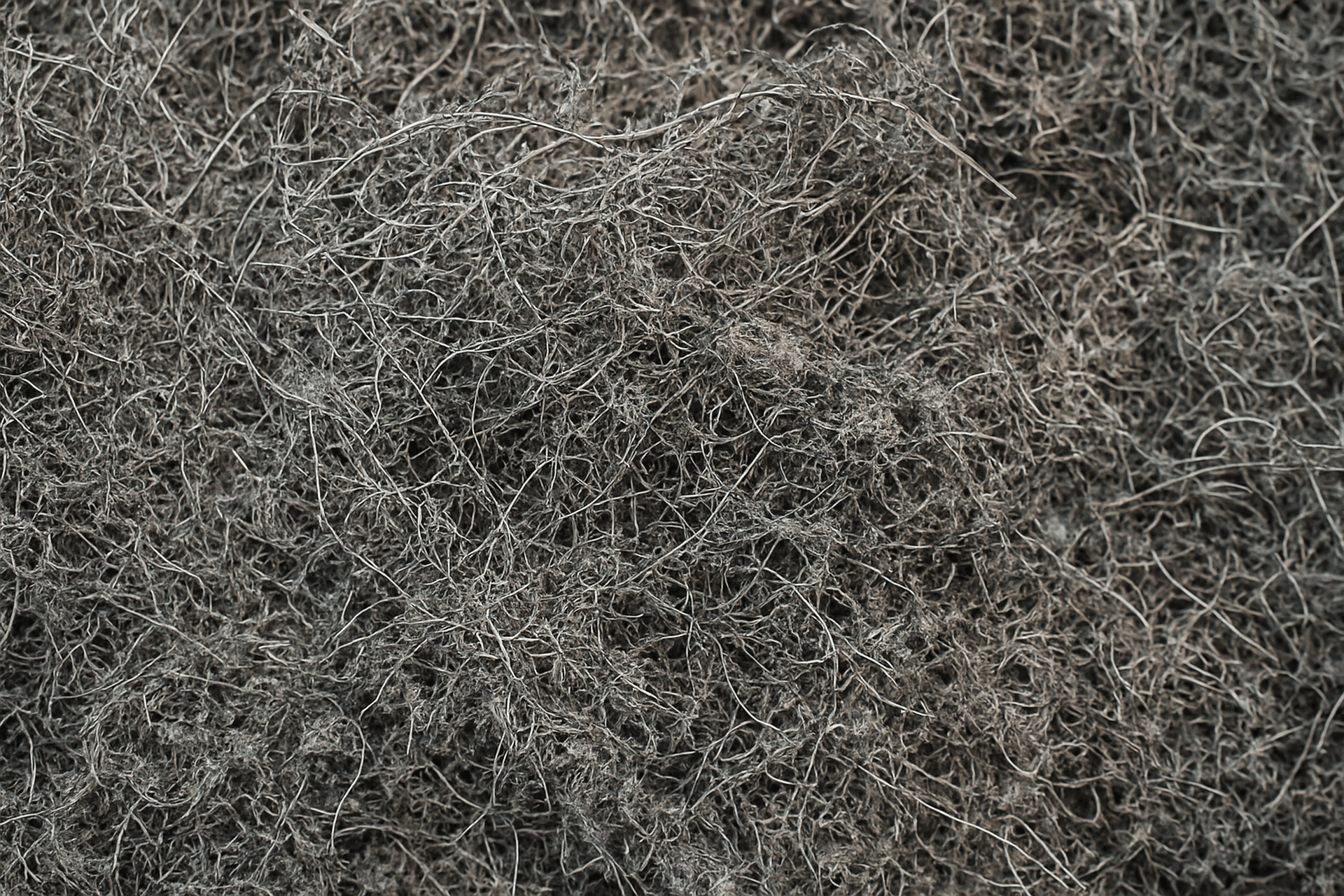 Close-up of tangled, gray, fibrous tire wire scrap.